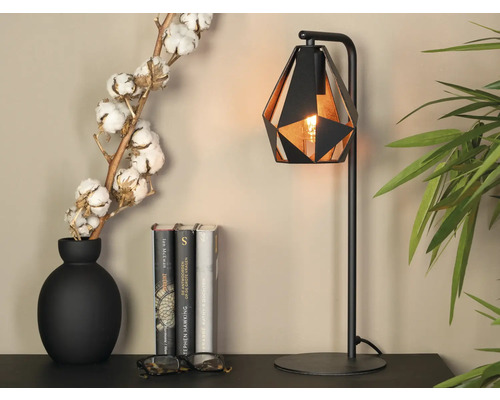 Decoratieve scène met een zwarte tafellamp, een vaas met katoentakken en boeken