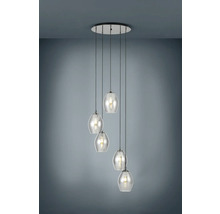 Hanglamp met vijf glazen lampenkappen aan een plafondbevestiging