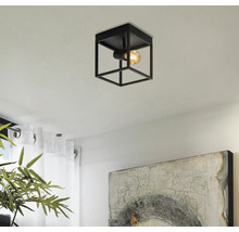 Zwarte plafondlamp in kubusdesign met gloeilamp aan het plafond gemonteerd