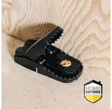 Een zwarte muizenval is geplaatst met lokaas.