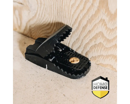 Een zwarte muizenval is geplaatst met lokaas.