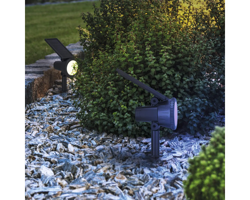 Twee solarspots in de tuin verlichten struiken en stenen.