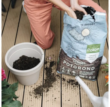 Een persoon vult potgrond uit een Pokon zak in een bloempot.