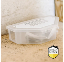 Muizenval in transparante doos met lokaas en Home Defense logo