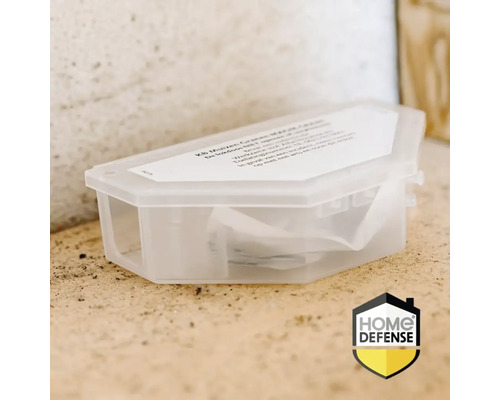 Muizenval in transparante doos met lokaas en Home Defense logo