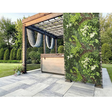 Scene met bubbelbad onder een pergola en een verticale tuinmuur