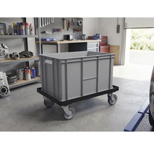 Grijze opslagcontainer op een rolbord in een werkplaats.