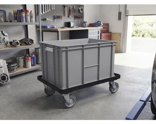 Grijze opslagcontainer op een rolbord in een werkplaats.