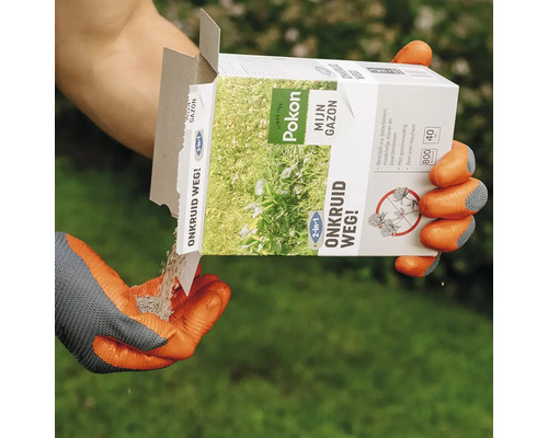 Iemand giet gazonmest met onkruidverdelger uit een pak van het merk Pokon in zijn hand.