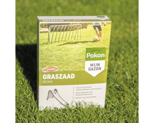 Verpakking Pokon graszaad voor het inzaaien van een sterk en zelfherstellend gazon.