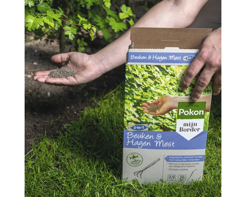 Persoon strooit korrelvormige meststof voor beuken en hagen uit een verpakking van Pokon in de tuin.