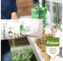 Lichte scène: Pokon Vermiculiet wordt uit een zak in kleine kweekpotjes gegoten. Pokon Logo.