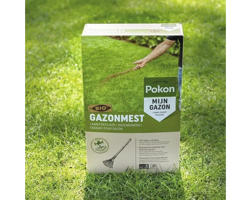 Pokon Bio Gazonmest voor gezonde groei en bodemverbetering, biedt organische voeding tot 120 dagen.