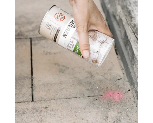 Een hand strooit mierenpoeder op stenen tegels buiten om mierennesten te bestrijden.