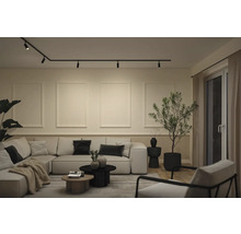 Moderne woonkamer met zwart railsysteem aan het plafond, lichte hoekbank, decoratieve wandlijsten en een kamerplant.
