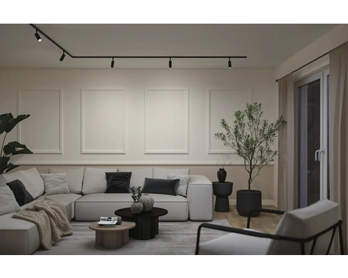 Moderne woonkamer met railsysteem aan het plafond, wandlijsten, grote hoekbank, salontafels en een kamerplant.