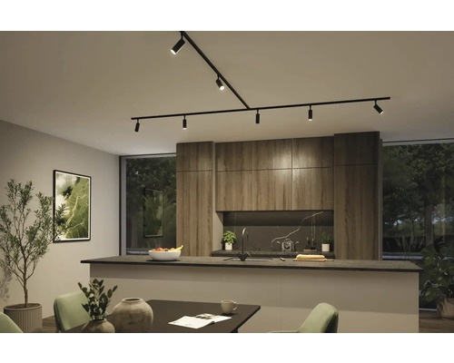 Lichte, moderne keuken met zwart railsysteem met spots, houten kasten en kookeiland met gootsteen.