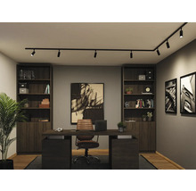 Modern thuiskantoor met zwart railsysteem aan het plafond, donker houten bureau, bruine leren stoel en twee boekenkasten.