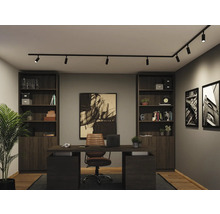 Modern thuiskantoor met zwart L-vormig railsysteem en spots aan het plafond. De kamer heeft donkerhouten boekenkasten, een bureau en wanddecoratie.