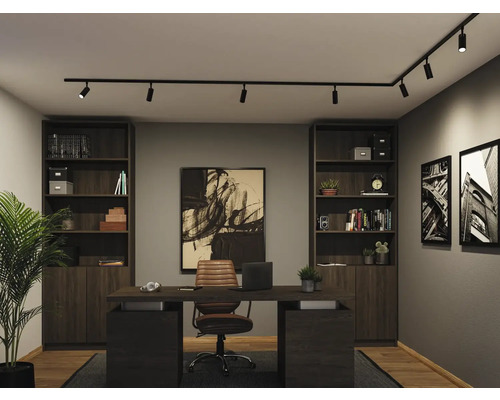 Modern thuiskantoor met zwart L-vormig railsysteem en spots aan het plafond. De kamer heeft donkerhouten boekenkasten, een bureau en wanddecoratie.