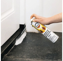 Iemand brengt insectenspray voor mieren en kruipend ongedierte als schuim aan langs een deurdrempel.