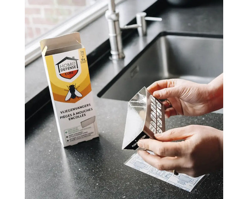 Handen houden een driehoekige vliegenvanger van Home Defense Cure vast bij een gootsteen met de verpakking op de achtergrond.