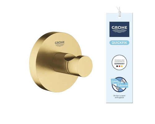 Grohe handdoekhaak van metaal in goud-look, geborsteld, voor wandmontage met QuickFix systeem om te lijmen of te schroeven.