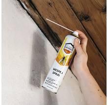 Hand spuit wespenspray met precisietuit in een kier tussen witte muur en houten plafond.