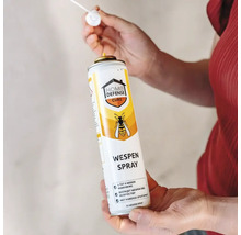Persoon houdt een spuitbus Home Defense Cure wespenspray vast met een precisienozzle voor insectenbestrijding.