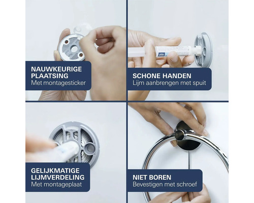 Infographic voor lijmmontage van badkameraccessoires zonder boren in vier stappen met montageplaat, lijmspuit en bevestigingsschroef.