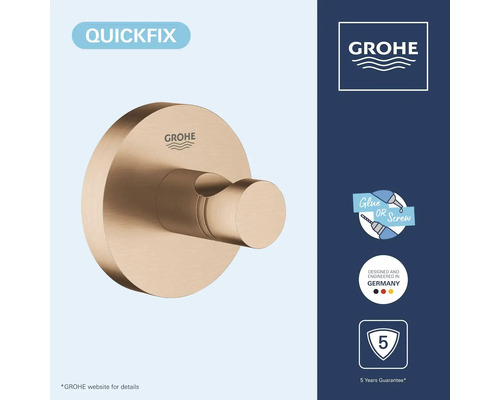 Grohe badkamerhaak in Brushed Warm Sunset, rond. Montage door lijmen of schroeven. Inclusief QuickFix-systeem, Grohe Logo en 5 jaar garantie.