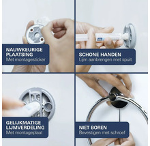 Infographic voor lijmmontage van badkameraccessoires zonder boren in vier stappen met montageplaat, lijmspuit en bevestigingsschroef.