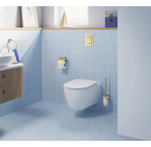 Moderne badkamer met wandtoilet, goudkleurig bedieningspaneel, toiletrolhouder en toiletborstelset tegen lichtblauwe tegels.