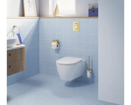 Moderne badkamer met wandtoilet, goudkleurig bedieningspaneel, toiletrolhouder en toiletborstelset tegen lichtblauwe tegels.