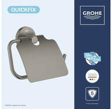 Grohe toiletrolhouder met klep van geborsteld metaal, QuickFix montage voor lijmen of schroeven, 5 jaar garantie, Grohe Logo.