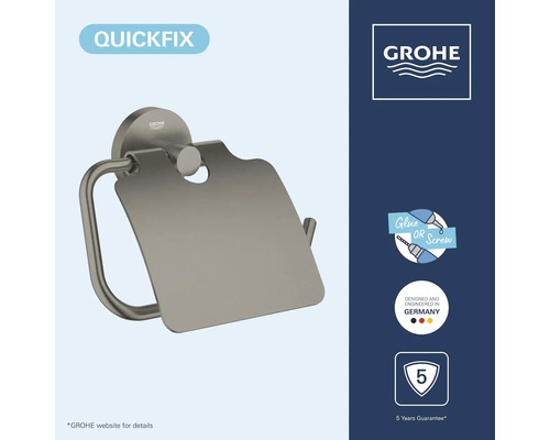 Grohe toiletrolhouder met klep van geborsteld metaal, QuickFix montage voor lijmen of schroeven, 5 jaar garantie, Grohe Logo.
