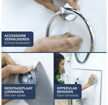 Handleiding voor het verwijderen van een handdoekring: schroef losdraaien, montageplaat losmaken met een spatel en oppervlak reinigen.