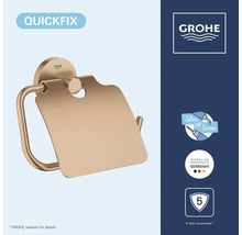 Grohe toiletrolhouder met klep, QuickFix systeem voor montage door lijmen of schroeven, 5 jaar garantie, Grohe Logo.