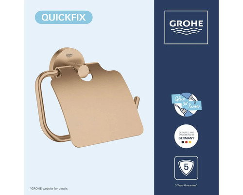 Grohe toiletrolhouder met klep, QuickFix systeem voor montage door lijmen of schroeven, 5 jaar garantie, Grohe Logo.