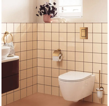 Moderne badkamer met wit hangend toilet, goudkleurige toiletrolhouder, bedieningsplaat en toiletborstel voor vierkante tegels.
