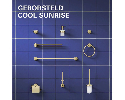 Badkameraccessoires set in geborsteld Cool Sunrise met handdoekhouder, zeepdispenser, toiletrolhouder en toiletborstelset.