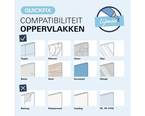 Quickfix oppervlaktecompatibiliteit: Geschikt voor tegels, marmer, steen, glas, beton, hout, kunststof, metaal. Niet voor behang, pleisterwerk, PE, PP, PTFE.