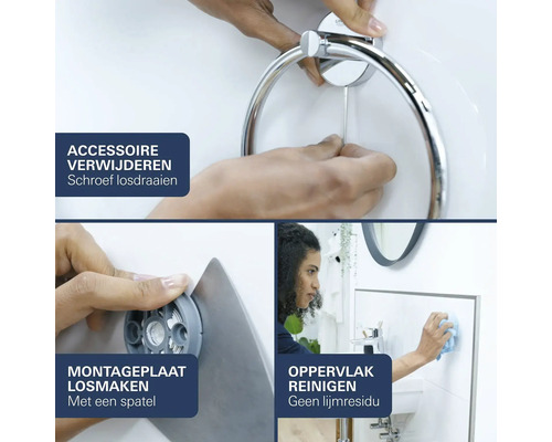Handleiding voor het verwijderen van een handdoekring: schroef losdraaien, montageplaat losmaken met een spatel en oppervlak reinigen.