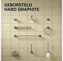 Badkameraccessoireset in geborsteld hard graphite met handdoekhouders, zeepdispenser, toiletborstel en toiletrolhouder op een tegelwand.