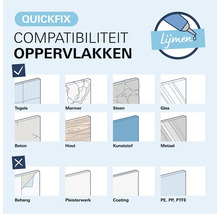 Quickfix oppervlaktecompatibiliteit: Geschikt voor tegels, marmer, steen, glas, beton, hout, kunststof, metaal. Niet voor behang, pleisterwerk, PE, PP, PTFE.