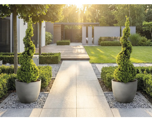 Moderne, lichte tuin met stenen pad, spiraalvormige vormbomen in ronde potten, houten terras en gazon.