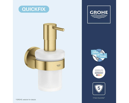 Grohe zeepdispenser voor wandmontage, gesatineerd glas, goud-optiek, QuickFix voor lijmen of schroeven, Grohe Logo, 5 jaar garantie.