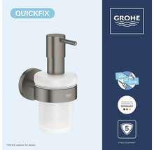 Grohe wandzeepdispenser van glas en donker metaal, QuickFix voor lijmen of schroeven, 5 jaar garantie, in Duitsland ontworpen, Grohe Logo.