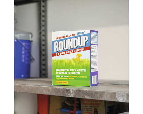 Roundup Gazon Onkruidvrij, gebruiksklaar voor 50 vierkante meter, bestrijdt onkruid en wortel, zonder glyfosaat.