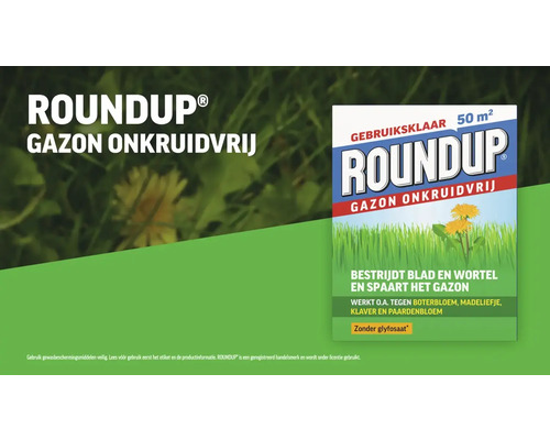 Roundup Gazon Onkruidvrij onkruidverdelger, gebruiksklaar voor 50 vierkante meter, bestrijdt onkruid tot in de wortel zonder glyfosaat.